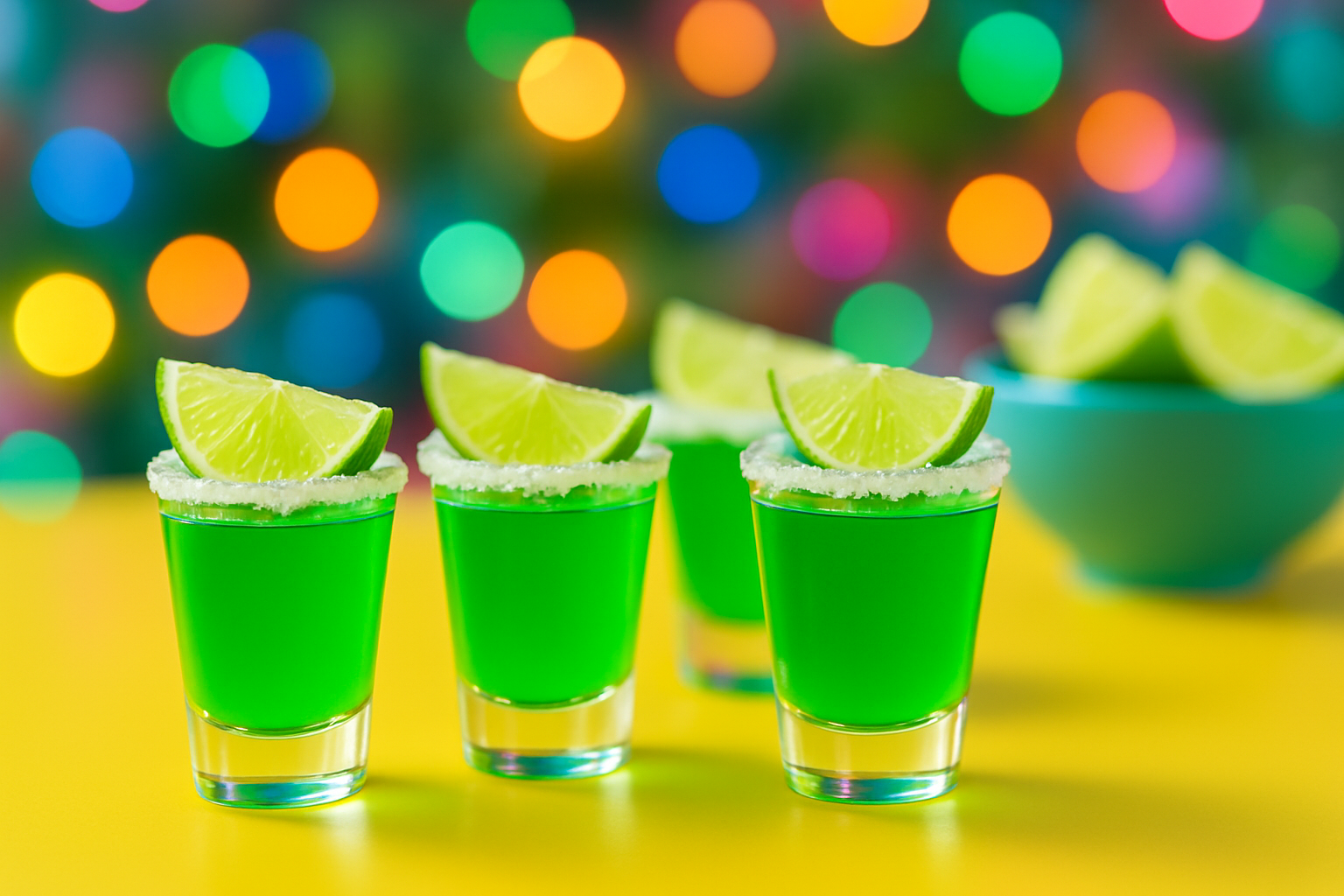 Bright, freshly prepared tequila lime jello shots in shot glasses garnished with lime wedges ready to serve.