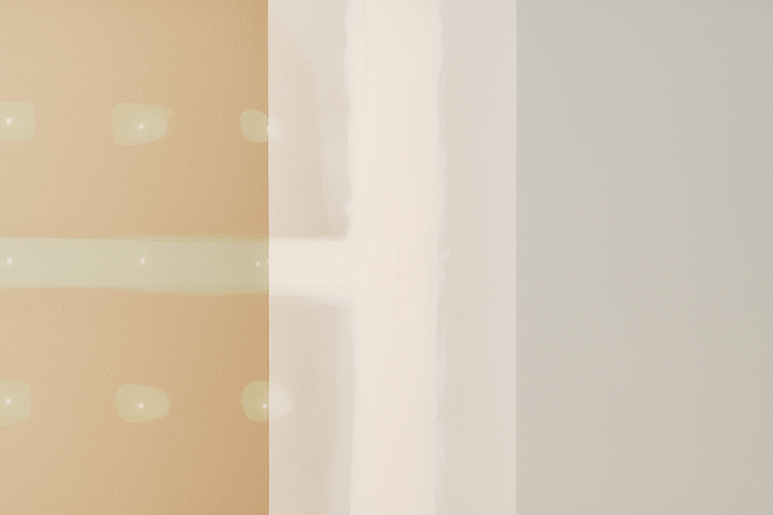 Illustration showing a before-and-after comparison of a wall section before mudding, after first coat, and after finishing sanding