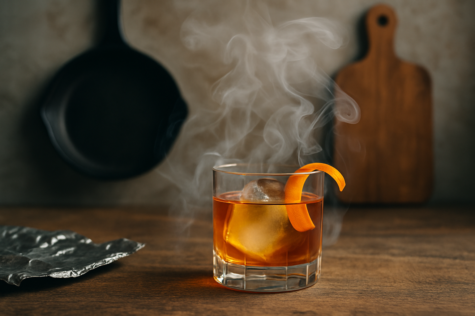 A beautifully crafted smoked Old Fashioned cocktail showcasing the smoky aroma and orange peel garnish, prepared using simple household tools.