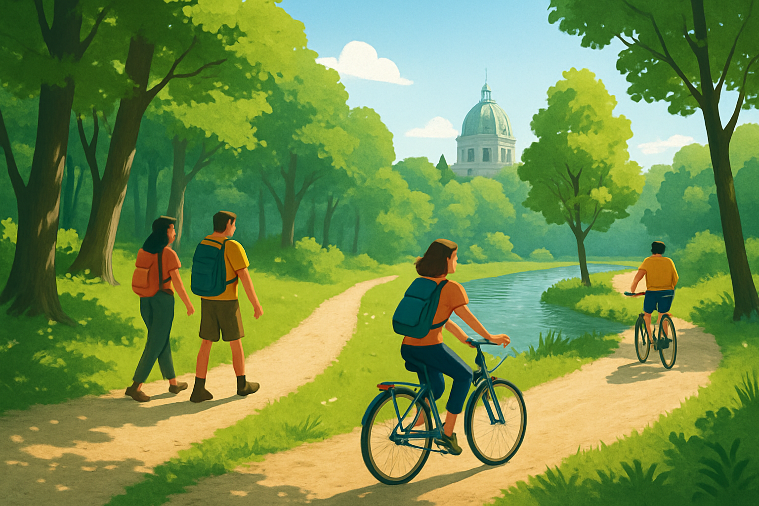 A scenic view of the Vienna Woods with hikers on trails and cyclists riding along the Danube Canal.