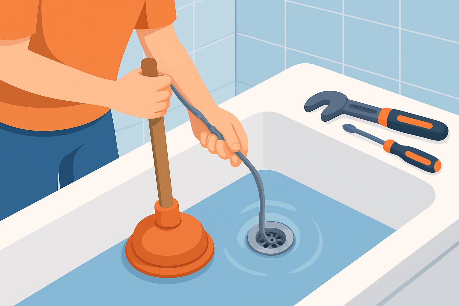 Homeowner clearing a clogged tub drain with plunger and drain snake tools