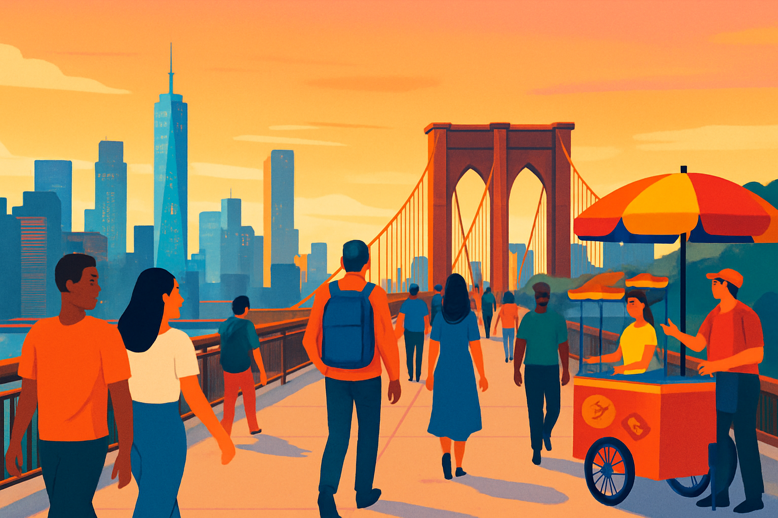 Colorful street view capturing NYC’s iconic Brooklyn Bridge, bustling urban life, and affordable street food vendors.