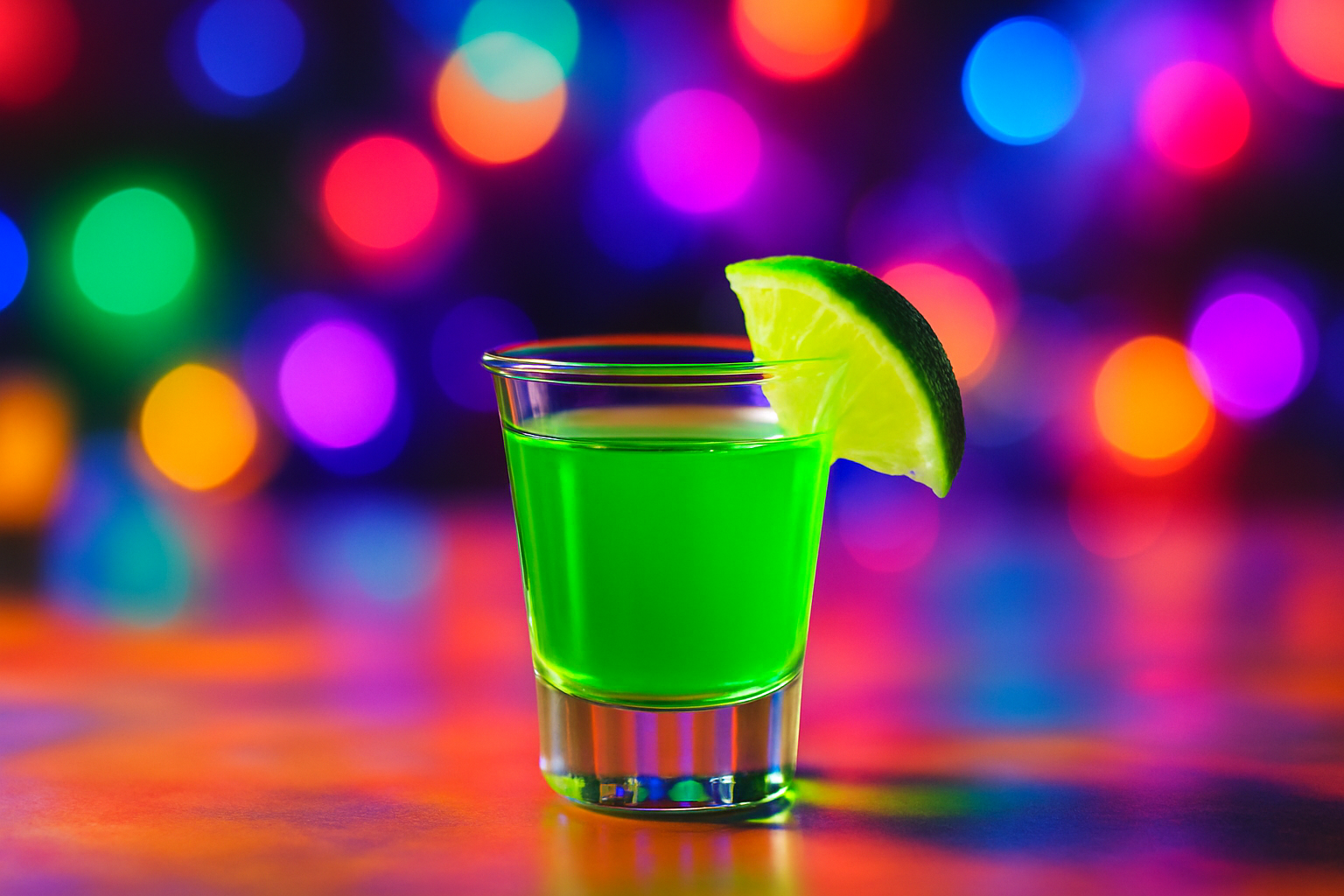 A vibrant green Midori shot garnished with lime, perfect for quick party servings.