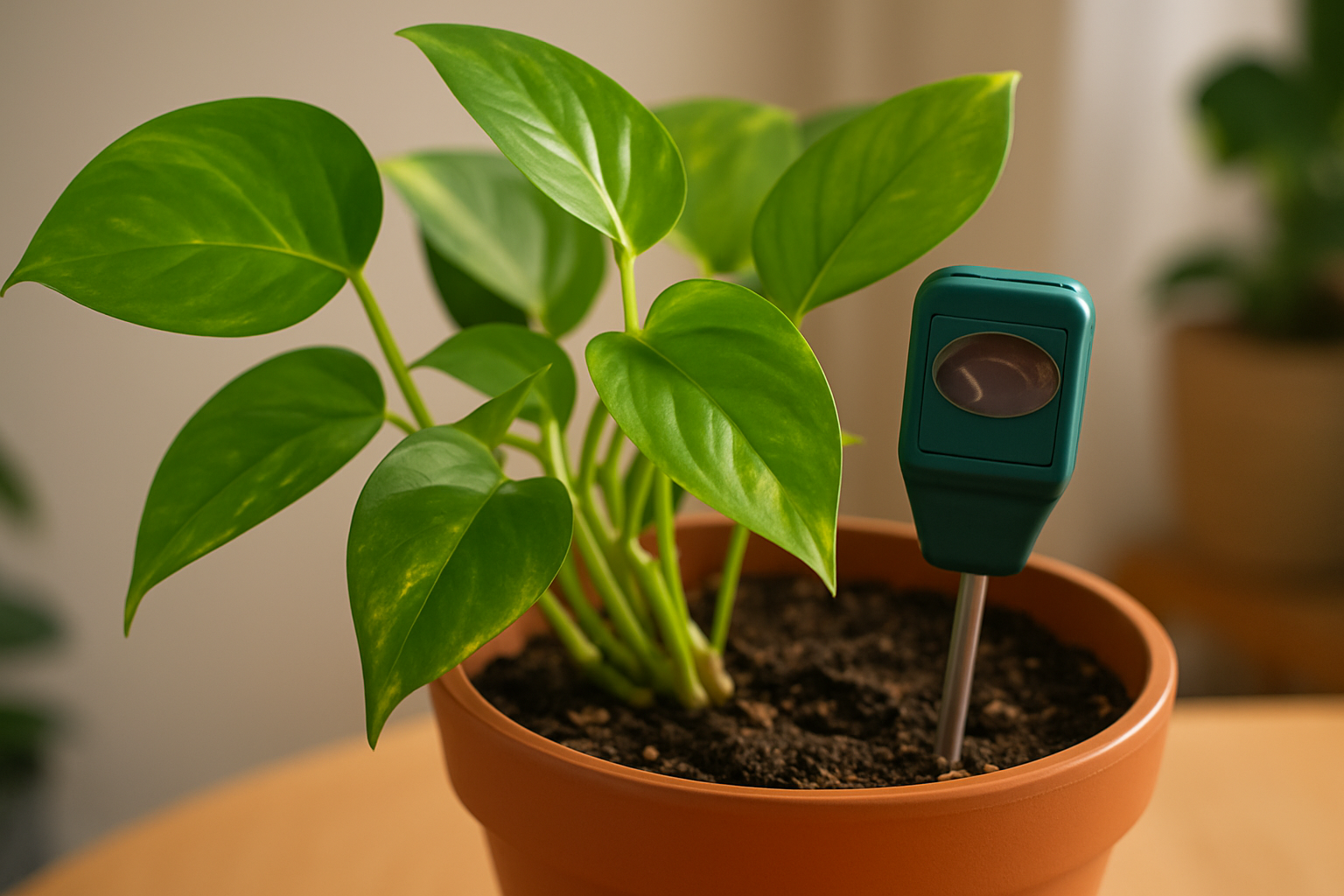Healthy pothos plant with visible soil moisture meter illustrating proper watering care