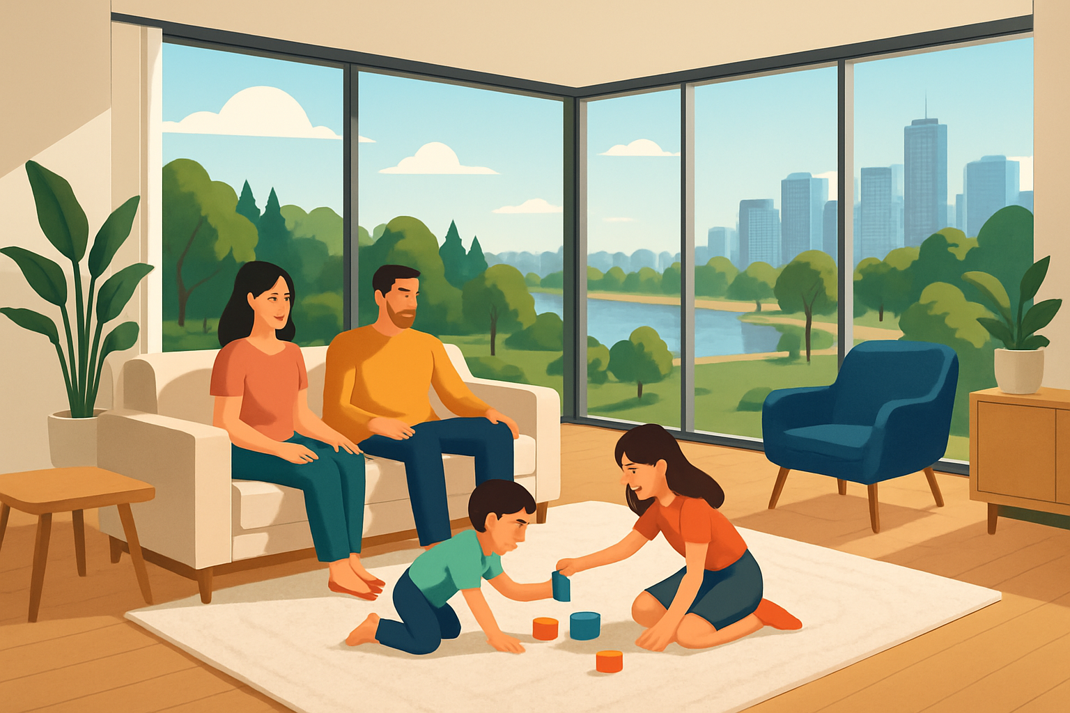 A happy family relaxing in a roomy vacation rental with views of Vancouver