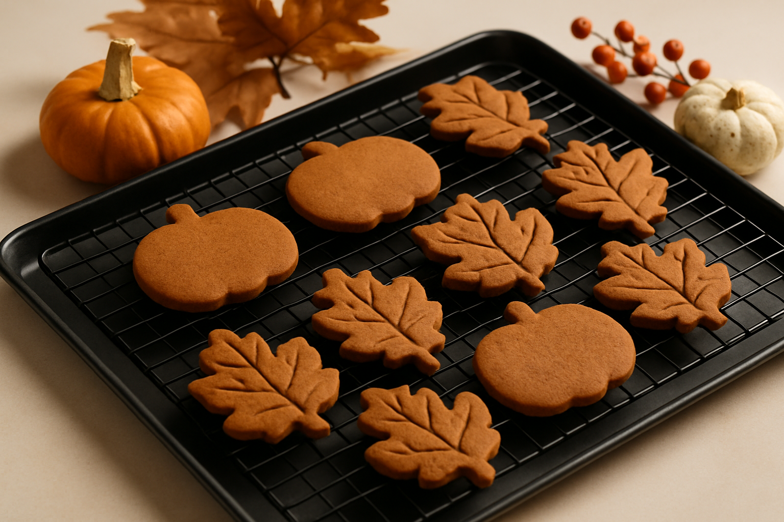Freshly baked pumpkin spice gingerbread cookies cooling on a wire rack, showcasing their festive shapes and warm golden color.