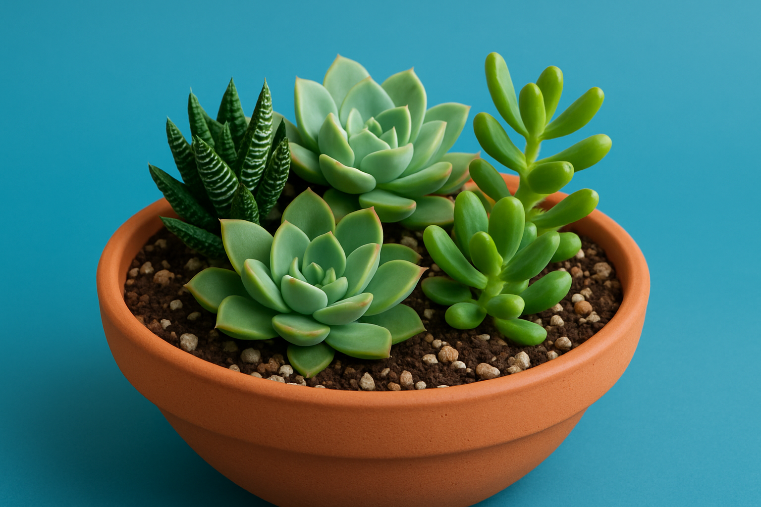 A beautifully arranged succulent bowl with a variety of species and a well-draining soil mix