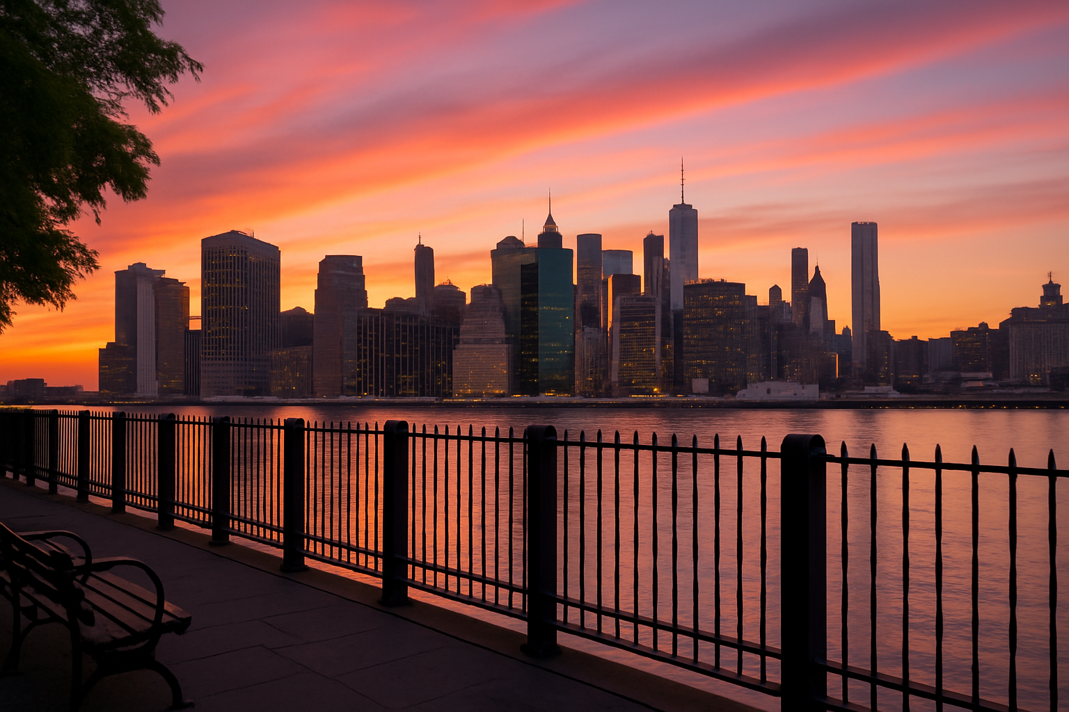 Scenic sunset over Manhattan captured from Brooklyn Heights Promenade, highlighting waterfront and skyline.