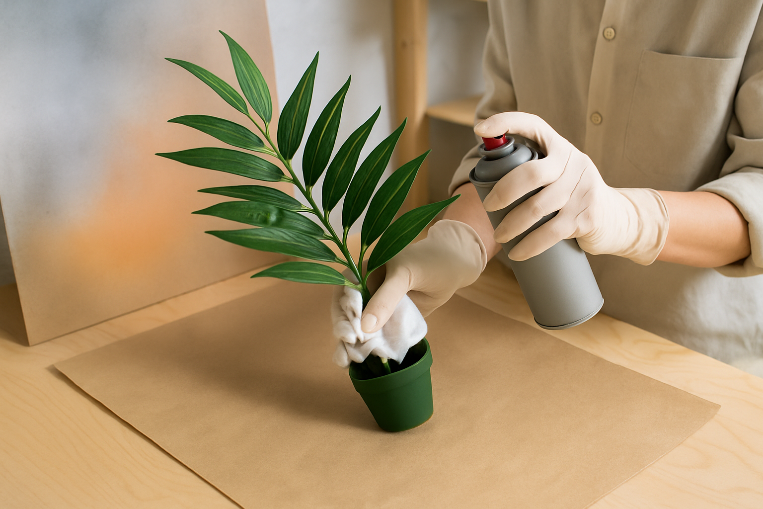 Preparing artificial plants by cleaning and setting up a safe, well-ventilated workspace for spray painting