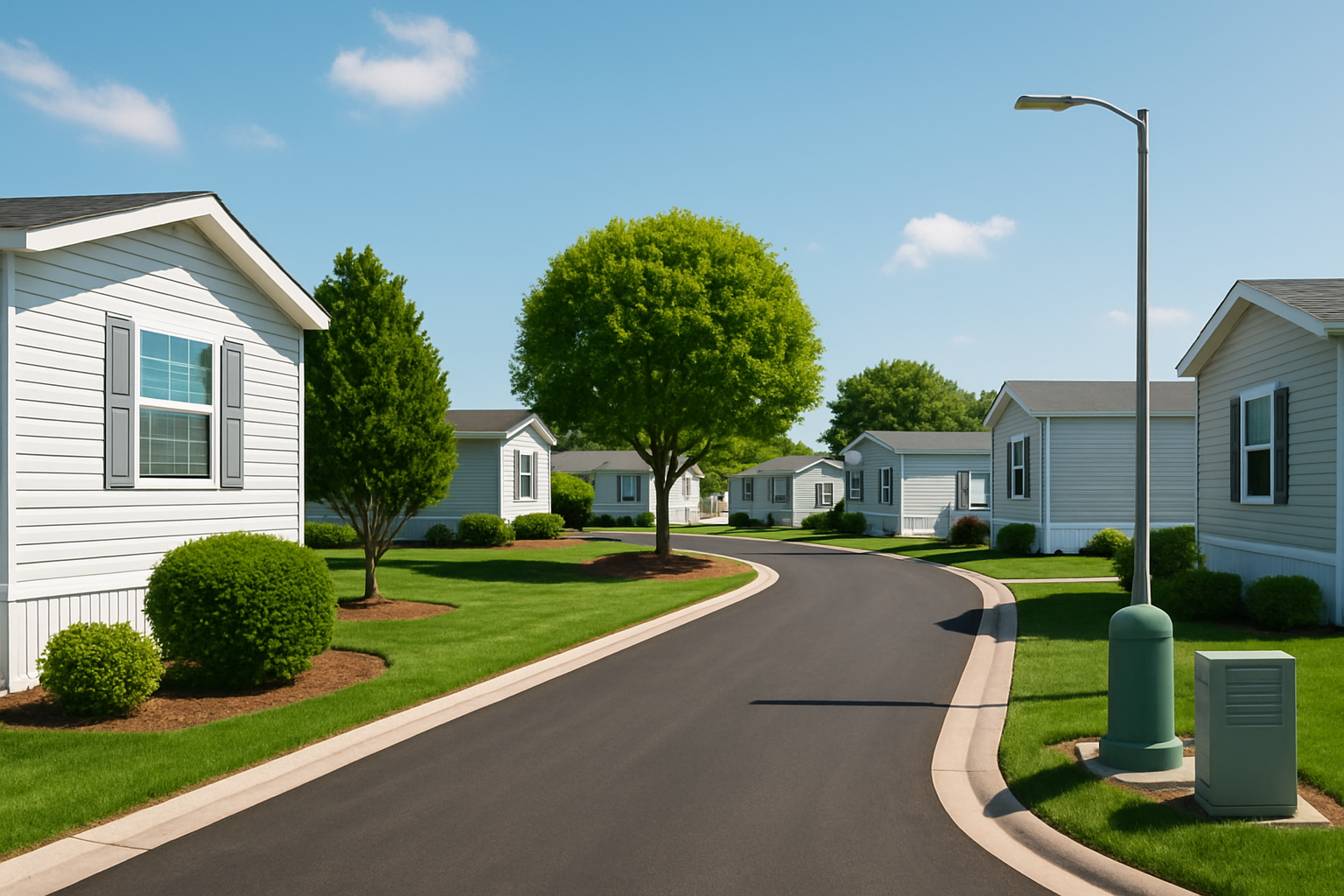A clean and orderly mobile home park illustrating quality infrastructure and appealing landscaping.