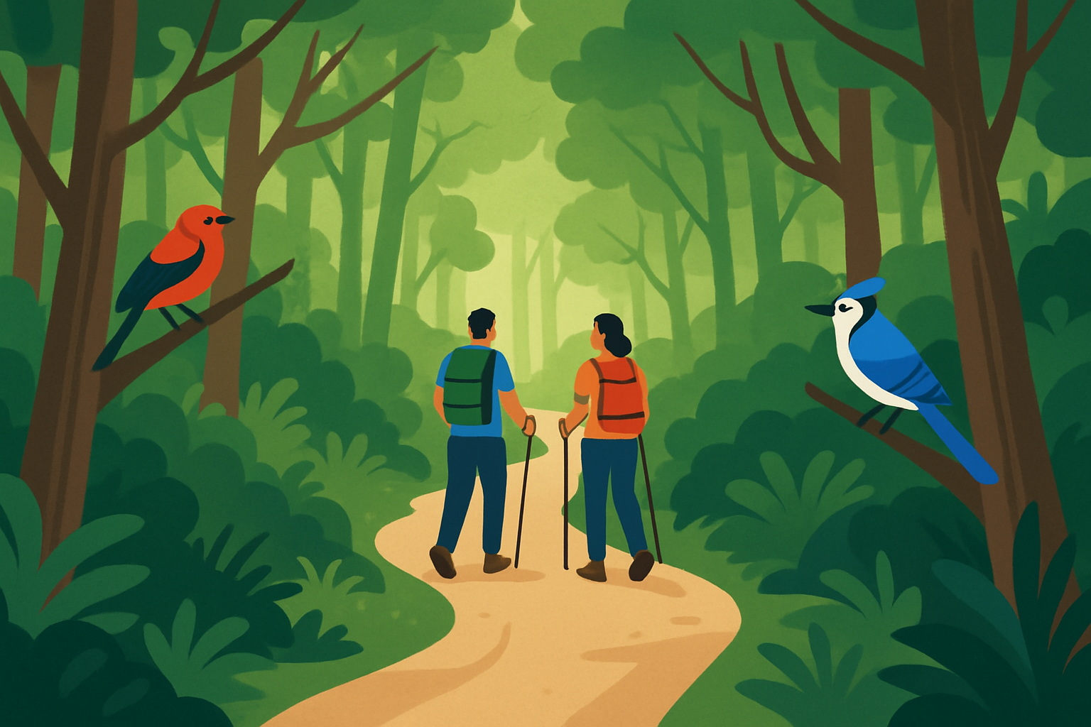 Hikers enjoying a peaceful walk along the lush Guaymaral forest trails in Bogotá.