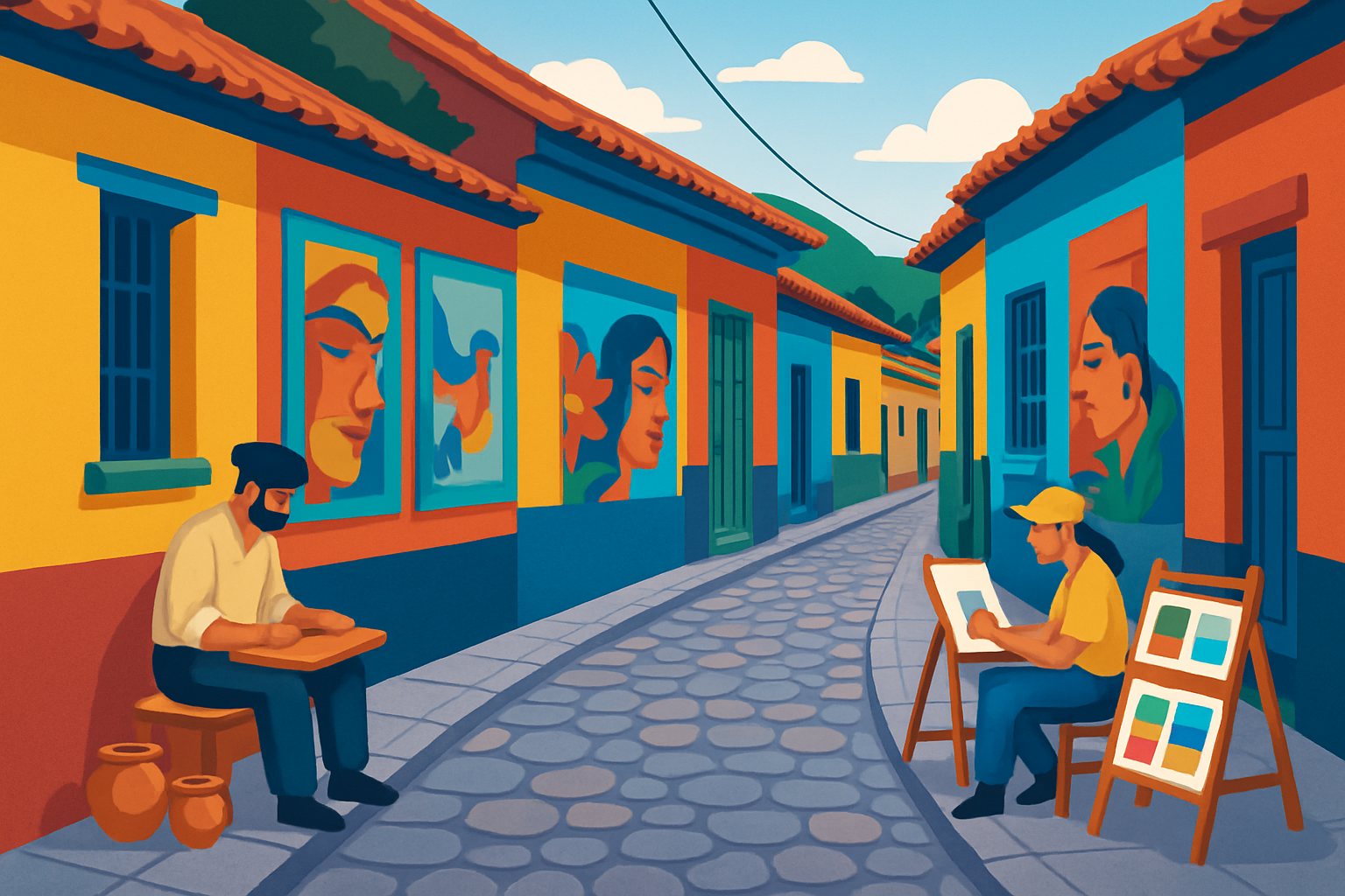 A vibrant, traditional street in La Candelaria showcasing artisan workshops and colorful murals.