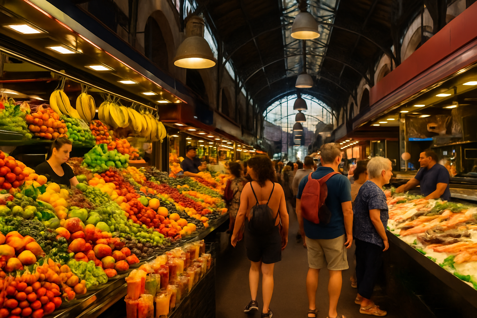 The lively La Boqueria Market, a hub for fresh ingredients and local life in Barcelona
