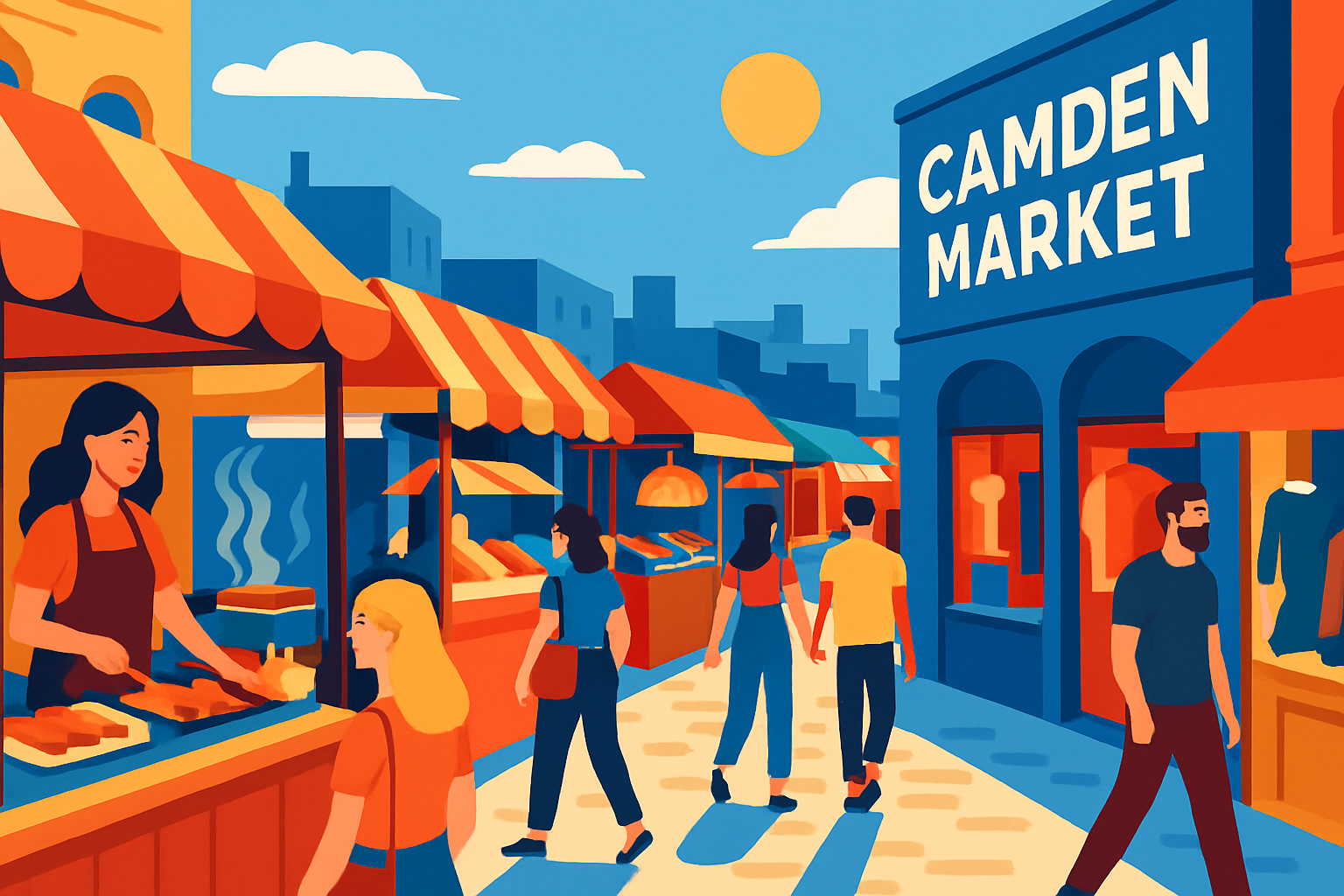 A bustling scene of Camden Market, showcasing colorful stalls, street food vendors, and visitors enjoying the lively atmosphere.