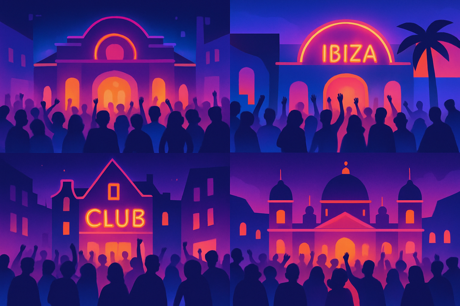 A dynamic collage depicting nightlife atmospheres across Europe