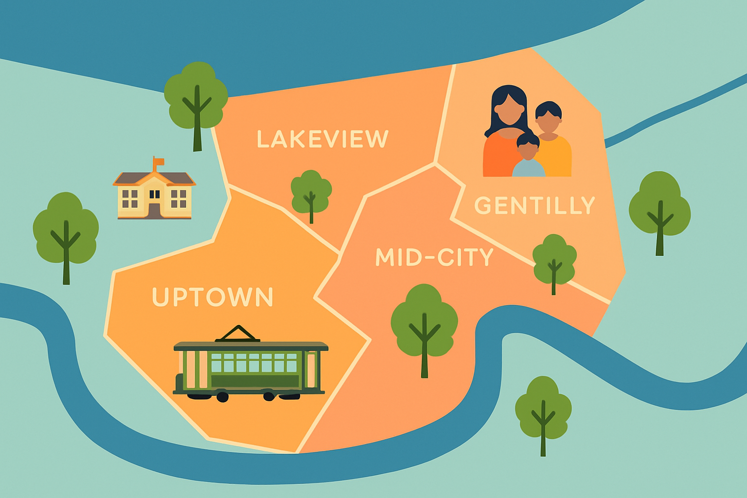Map showing featured neighborhoods in New Orleans with highlighted parks and schools