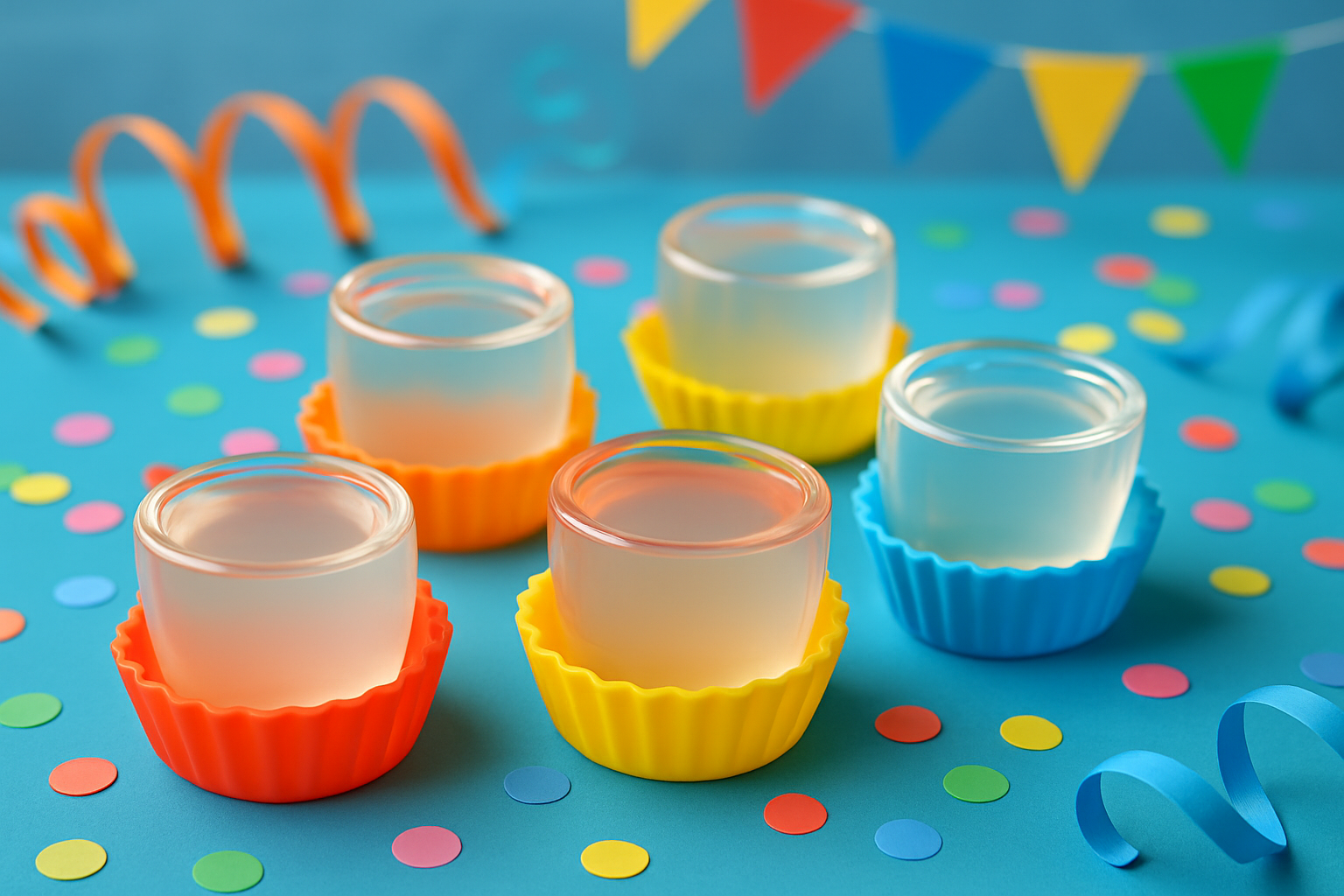 Vibrant sake jello shots freshly set in silicone molds, showcasing their translucent texture and appealing appearance.