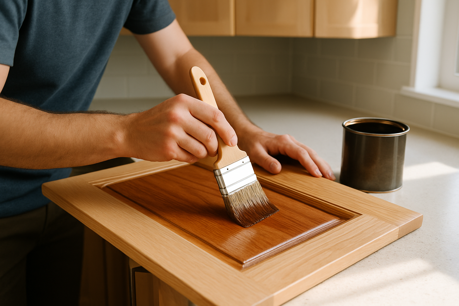 Applying wood stain to a cabinet door with smooth, even brush strokes following the wood grain.