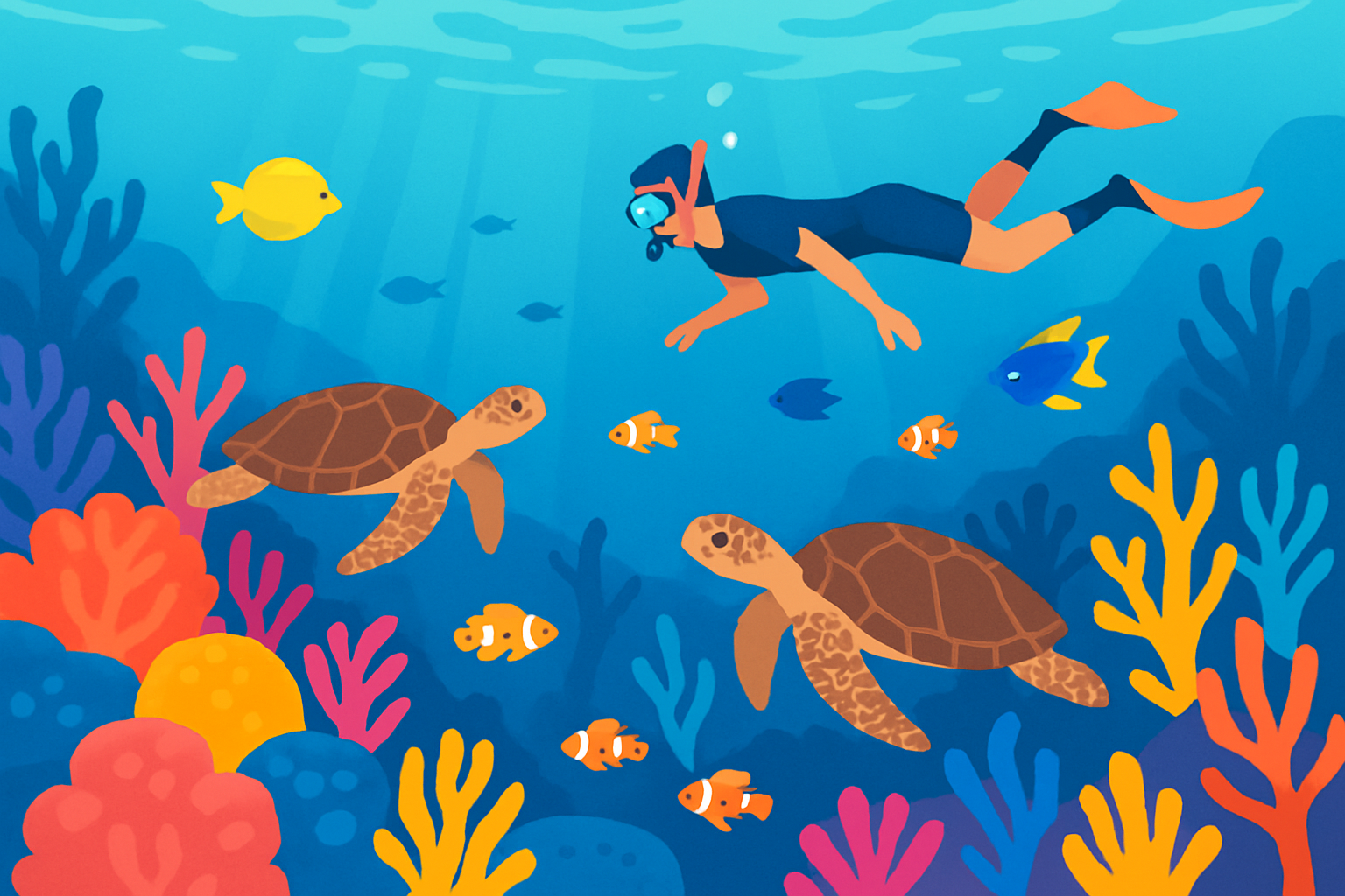 A vivid underwater view of the Great Barrier Reef showcasing diverse coral formations, swimming sea turtles, and an engaged snorkeler.