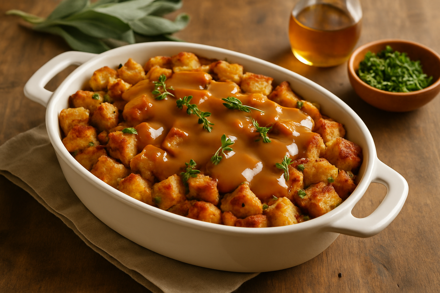 Perfectly cooked stuffing with moist gravy served fresh from the oven, garnished with fresh thyme and parsley.