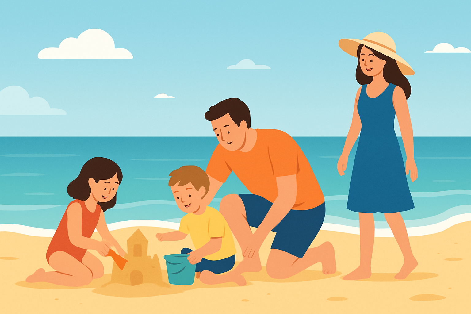 Children building sandcastles and playing in shallow safe waters on a calm family-friendly beach in Costa Rica.