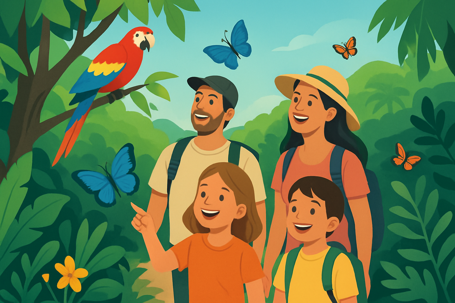 A family enjoying an easy nature trail at a wildlife refuge with young children observing vibrant birds and butterflies.