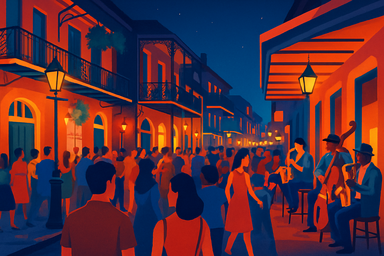 Vibrant scene of Frenchmen Street at night, showcasing live music venues and locals enjoying New Orleans’ nightlife