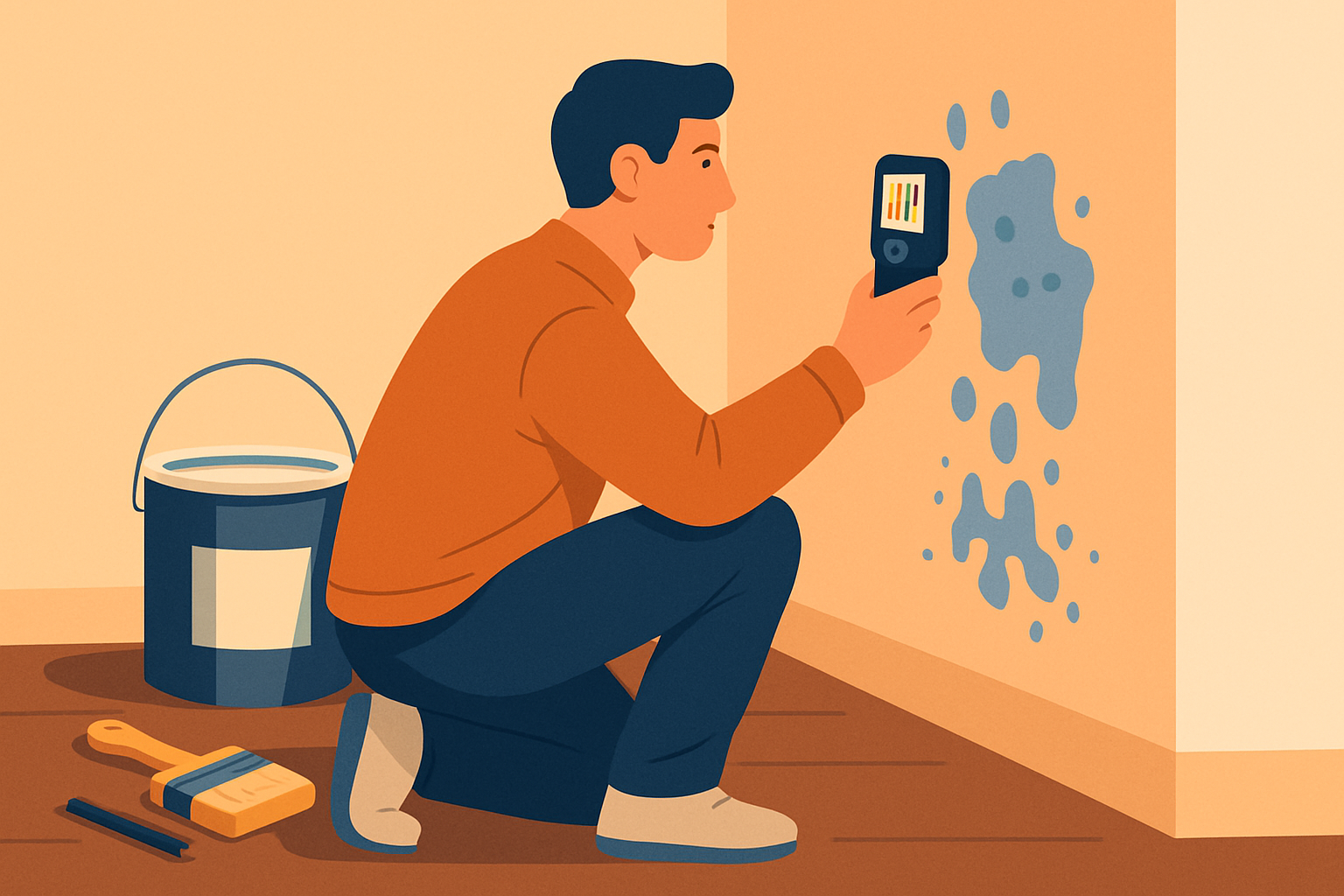 Homeowner using moisture meter to check wall moisture levels before repainting to prevent frosting.