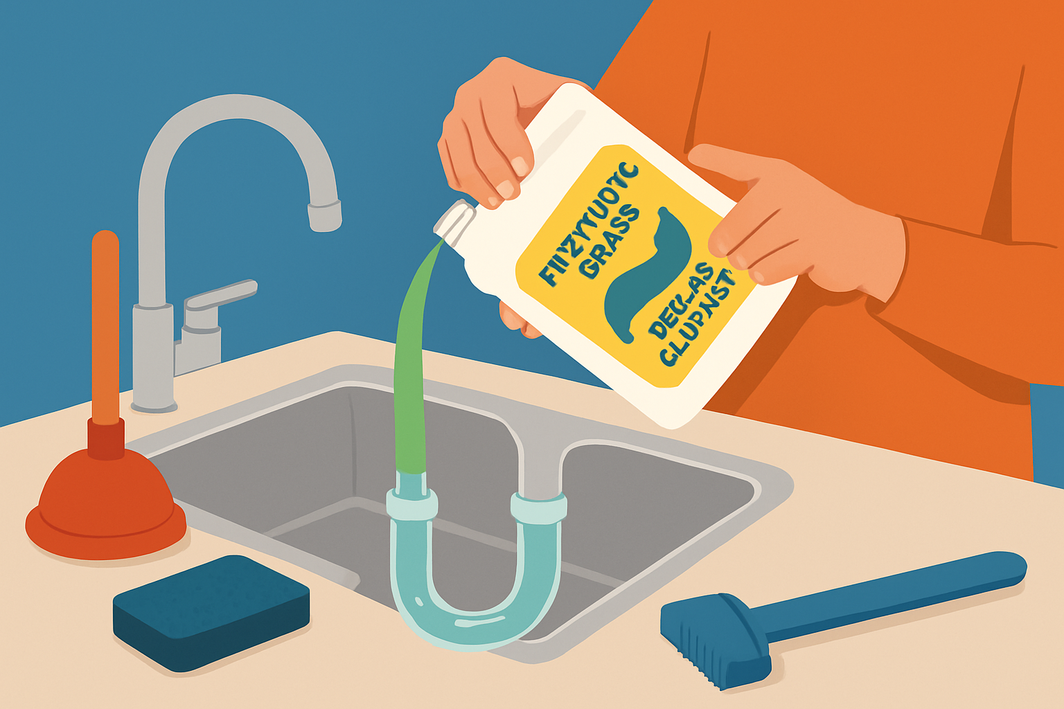 A homeowner applying safe enzymatic drain cleaner as an alternative to harsh chemicals.