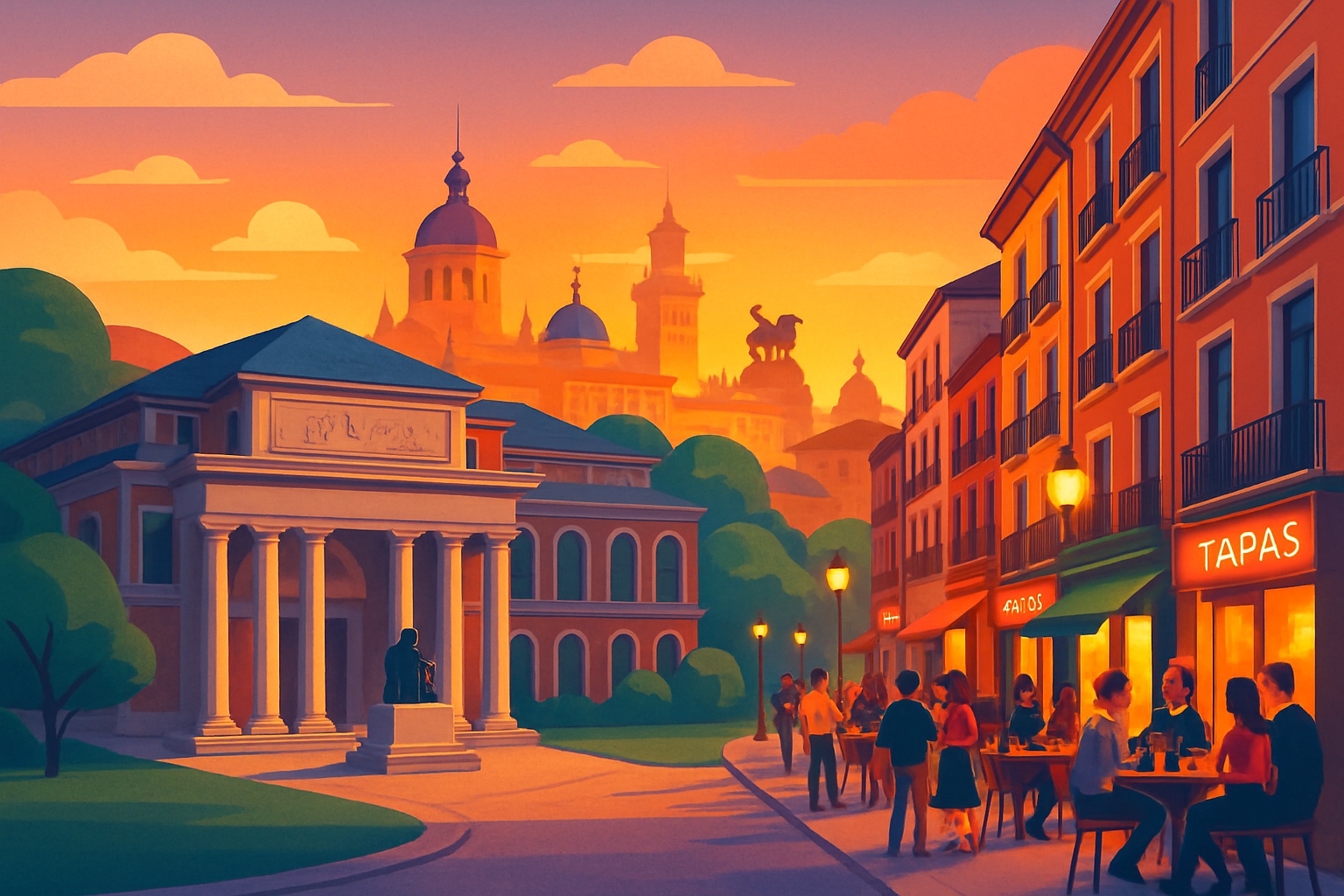 The lively streets of Madrid featuring the Prado Museum and evening tapas scene