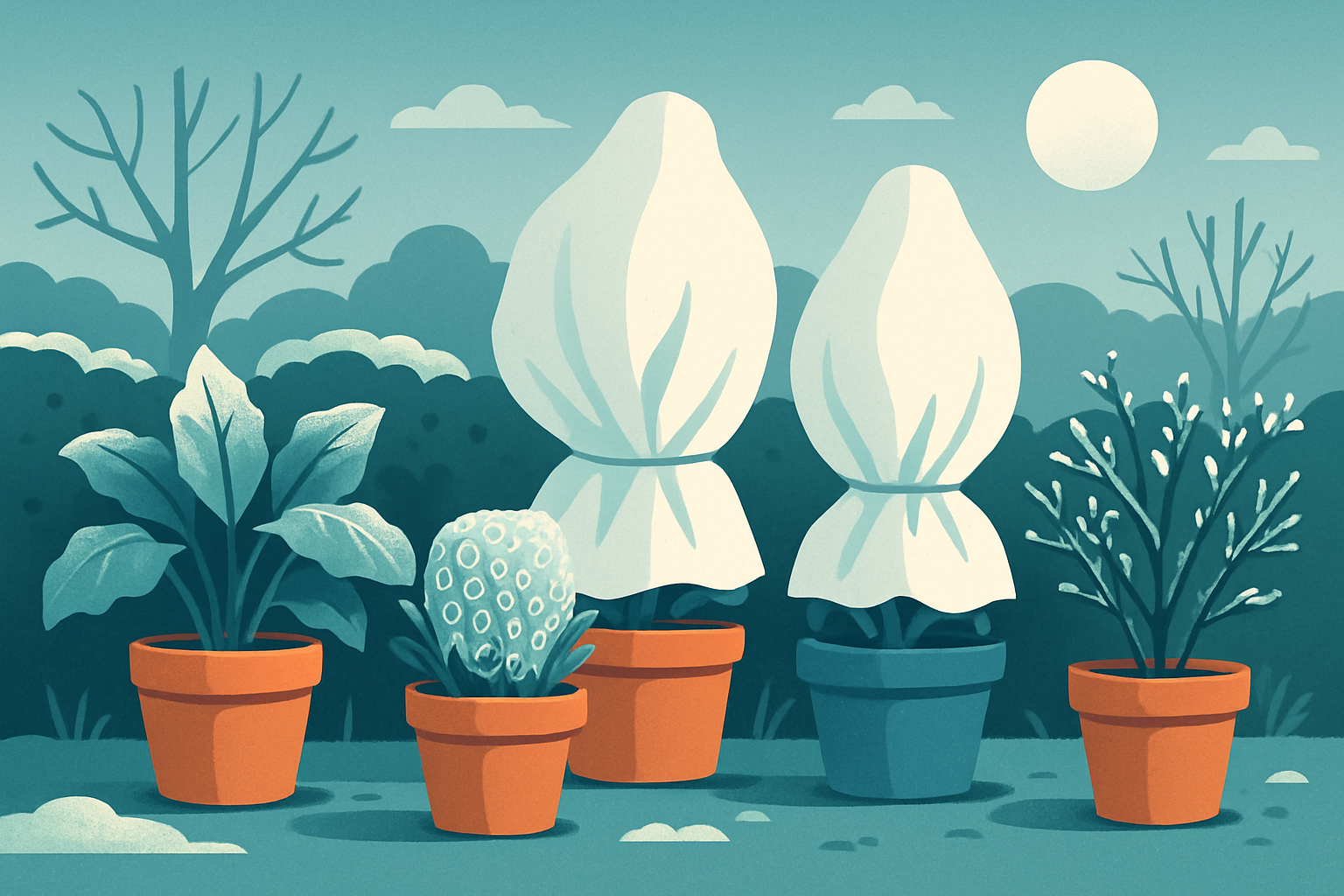 Illustration of potted plants wrapped with frost protection materials such as bubble wrap and frost cloth to prevent cold damage.