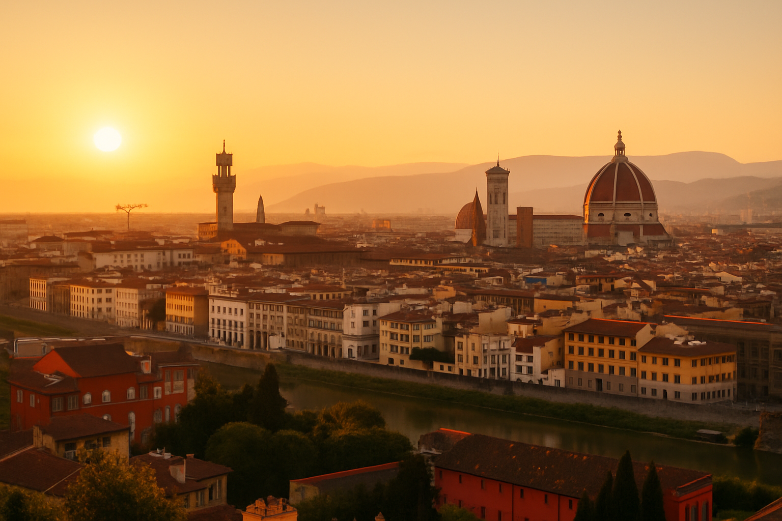 Sunset panorama of Florence captured from Piazzale Michelangelo, highlighting key city landmarks and river views.