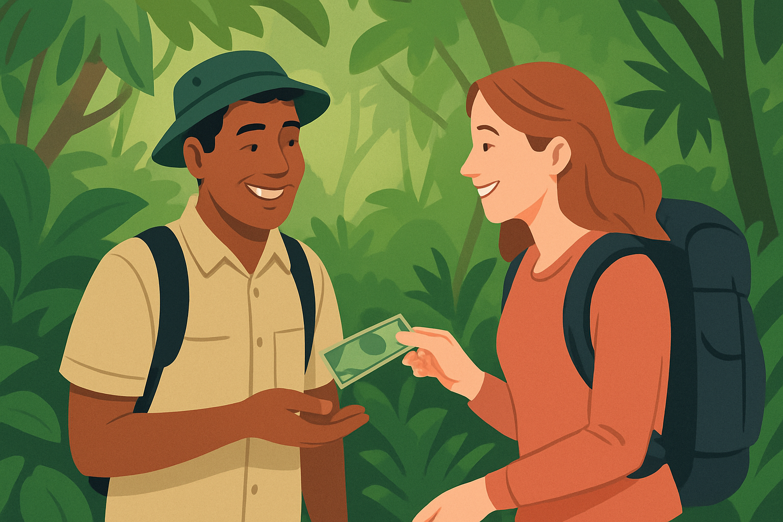 A traveler discreetly handing a tip to a knowledgeable Belizean tour guide amid lush forest scenery