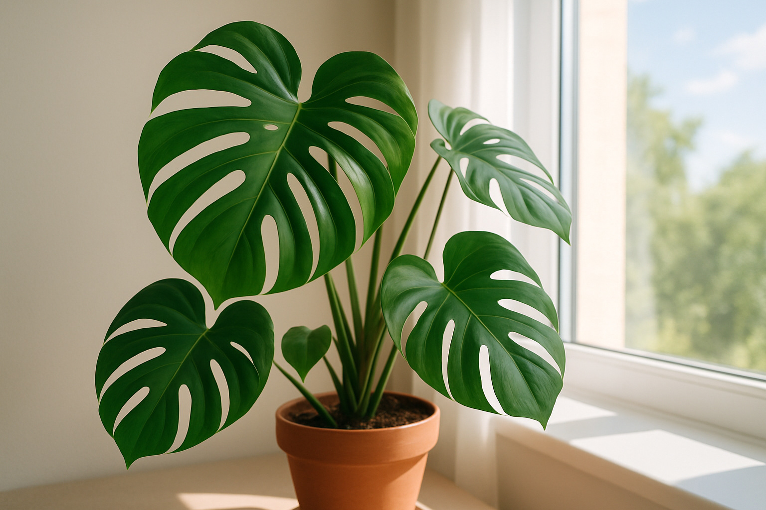 Monstera thriving in bright indirect sunlight near a north-facing window.
