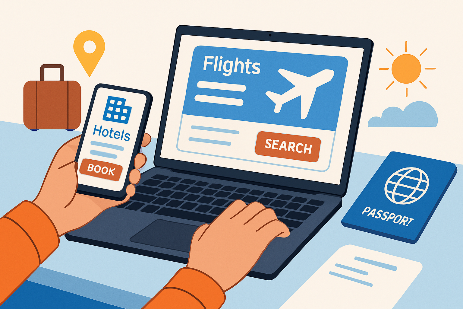 A traveler leveraging multiple online platforms to book a trip with ease and convenience.